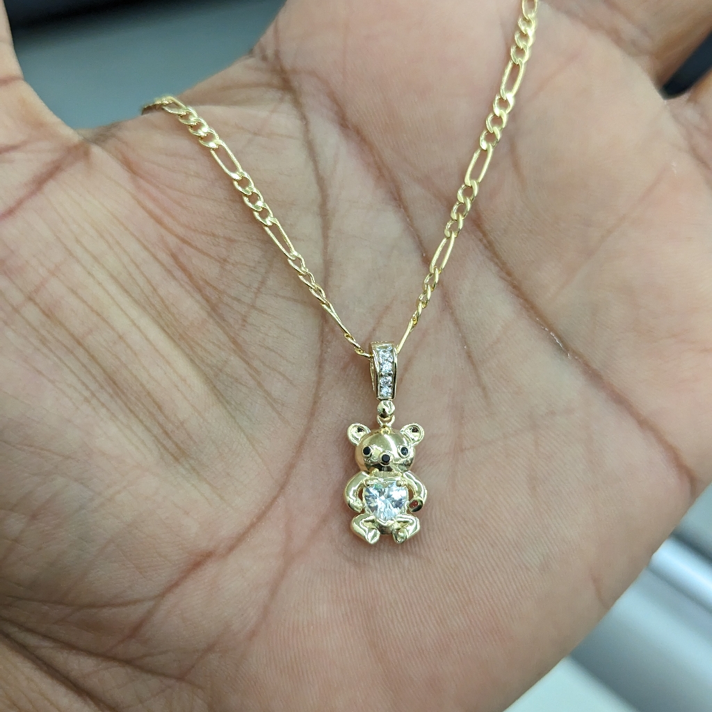 10kt Real Gold Teddy Bear Pendant And Figaro Chain